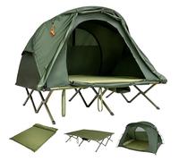 GYMAX 4-en-1 Tente de Camping 2 Personnes, avec Matelas Autogonflant, Double Toit Imperméable, 600D Tissu Polyester, Support Charge Max.300KG, Sac de Transport avec roulettes (Vert)