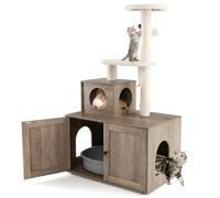 GYMAX 75cm Arbre à Chat et Meuble Cache Bac à Litière 2-en-1, Condo avec Coussin, Plateformes Rembourrées à Sauter, Griffoir en Sisal, Jouet Balle, avec Trous de Ventilation, Nettoyage Facile (Gris)