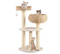 GYMAX Arbre à Chat 104CM, Perche Supérieur et Panier en Quenouille Tissé à la Main, Troncs en Sisal, Balles Suspendues, pour Grimper, Jouer, Griffer