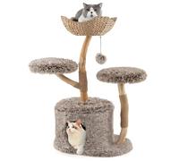 GYMAX Arbre à Chat 105cm, Tronc en Bois Massif Naturel, Revêtu de Peluche Longue, Panier en Jute avec Coussin & 2 Perchoirs & Griffoirs & Jouet Balle Suspendue, Tour Moderne pour Chaton d'Intérieur