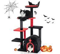 GYMAX Arbre à Chat 134cm Style Gothique, Recouvert de Peluche, Condo avec Coussin & 2 Perchoirs & Plateformes de Saut & Griffoirs & Pompon Araignée & Jouets Balles à Ressort, Thème Halloween