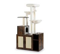 GYMAX Arbre à Chat et Cache-Litière 2-en-1, avec 2 Hamacs, Perchoir, 2 Gamelles, Condo avec Coussin, Compartiments Ouverts, Griffoir et Tapis en Sisal, Meuble pour Chatons d'Intérieur