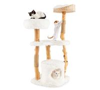 GYMAX Arbre à Chat Multi-Niveaux 124 cm, en Bois Massif, perchoir latéral, Panier supérieur, Plates-Forme, 1 condo, Centre d'activités, Branches Naturelles, griffoirs en Jute, Corde de sisal
