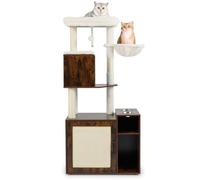 GYMAX Arbre à Chat Multifonctionnel avec Compartiment Fermé Privé, Espace de Rangement pour Nourriture, Poteaux et Planche à Griffer, 2 Gamelles, Condo, Hamac, Perchoir, Boule Jouet (Marron)