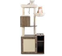 GYMAX Arbre à Chat Multifonctionnel avec Compartiment Fermé Privé, Espace de Rangement pour Nourriture, Poteaux et Planche à Griffer, 2 Gamelles, Condo, Hamac, Perchoir, Boule Jouet (Gris)