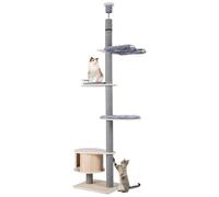 GYMAX Arbre à Chat Plafond de Hauteur Réglable 236-271cm, Tour en Bois à 5 Niveaux, avec Maisonette, Plateformes, Hamac et Griffoir, Mobilier pour Chats d'Intérieur avec Coussins Amovibles