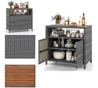 GYMAX Armoire de Rangement Extérieur en Rotin, Grand Plateau 90x53cm en Bois d'Acacia, Buffet Cuisine 4 Étagère Intérieur, pour Barbecue Repas Jardin Balcon(Gris)