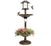 GYMAX Bain d'oiseaux, Abreuvoir sur Pied, Mangeoire avec 2 Lampes Solaire, Jardinière de Fleurs, Léger et Remplissable, Décoration pour Extérieur (Cuivre)