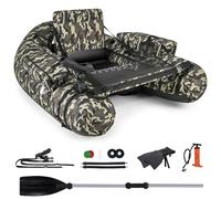GYMAX Bateau de Pêche Gonflable en Forme de V avec Support de Canne à Pêche, Bretelles de Sac à Dos Ajustables, Poche de Rangement, Règle à Poisson, Bateau de Pêche Pliable avec Palmes, Rames, Pompe