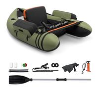 GYMAX Bateau de Pêche Gonflable Portable, Flotteur de Pêche Simple avec Pompe, Bretelles Réglables, Pagaie, Poches de Rangement, Règle à Poisson, Porte-Canne, Palmes (Vert)