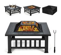 GYMAX Brasero Extérieur Multifonctionnel, avec Grill de Barbecue, Pare-Feu, Tisonnier, Couvercle, Housse de Protection, Cadre en Métal Revêtu de Poudre, Foyer 80,5 x 80,5 x 50 cm pour Jardin, Terrasse
