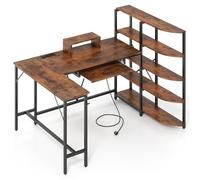 GYMAX Bureau d'Ordinateur, avec Station de Recharge, Support pour Moniteur, Plateau pour Clavier, Bibliothèque à 5 Étagères et Crochet, pour Gaming, Travail, Étude, 160 x 108 x 109,5 cm (Marron)