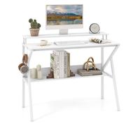 GYMAX Bureau d'Ordinateur avec Support pour Écran, avec Étagère Inférieure de Rangement, Cadre Métallique en Forme de R Ergonomique, Crochet pour Accrocher, pour Étude Écriture Travail Gaming