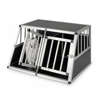 GYMAX Cage pour Chien avec Double Chambre, Séparateur Amovible, Porte Verrouillable, Niche avec Cadre Métallique, Caisse de Transport Voiture Trapézoïdale pour Petits Chiots, 80 x 65 x 48 cm