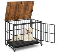 GYMAX Cage pour Chiens d'Intérieur 2-en-1 avec Plateau de Rangement, 2 Entrées Verrouillables, Déplacement Facile avec roulettes, Cadre en Métal Robuste, Style Industriel (97 x 64 x 75 cm)
