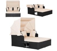 GYMAX Canapé Lit Jardin Extérieur avec Auvent Rétractable pour 2 Personnes, Coussin et 4 Oreillers, Plateaux Latéraux pour Rangement, pour Bain de Soleil dans Patio, Cour, Piscine (Beige)