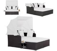 GYMAX Canapé Lit Jardin Extérieur avec Auvent Rétractable pour 2 Personnes, Coussin et 4 Oreillers, Plateaux Latéraux pour Rangement, pour Bain de Soleil dans Patio, Cour, Piscine (Beige)