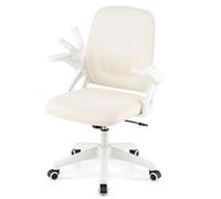 GYMAX Chaise de Bureau Ergonomique, Hauteur Réglable, Siège en Maille Respirante, Support Lombaire, Accoudoirs Rabattables, roulettes Universelles, Chaise d'Étude et de Travail (Beige)