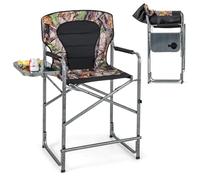 GYMAX Chaise de Chasse Pliable avec Plateau Supplémentaire & Porte-Bouteille & Dossier Confortable & Accoudoir Rembourré, Chaise de Camping Haute avec Repose-Pieds, Charge 150KG
