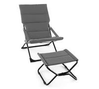 GYMAX Chaise de Terrasse Pliante avec Repose-Pied et Coussin Amovible | Fauteuil Inclinable avec Repose-pied, Cadre en Métal, Ensemble de Chaises d'Extérieur pour Jardin, Bord de Piscine, Gris