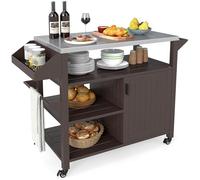 GYMAX Chariot de Barbecue à roulettes, Desserte Jardin avec Dessus en Acier Inoxydable, Étagères, Placard, Porte-Épices& Porte-Serviette, Chariot de Service Extérieur, pour BBQ, Camping, Fête