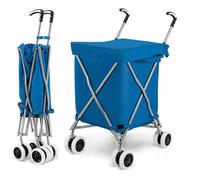 GYMAX Chariot de Course Pliable et Portable, Chariot à roulettes avec Tissu Oxford pour Shopping, Camping et Jardinage (Bleu)
