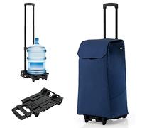 GYMAX Chariot de Courses 2 en 1 Pliable et Réglable en 3 Hauteurs, Caddie de Courses avec 2 Roues & Sac de Rangement 38L, Multifonctionnel et Pratique, Idéal pour Supermarché, Transport (Bleu)