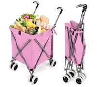 GYMAX Chariot de Courses Pliable, Caddie de Courses en Métal avec Sac 90L, Charge 55KG, Chariot à roulettes Portables pour Shopping/Supermarché/Camping (Rose)