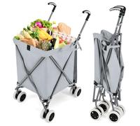 GYMAX Chariot de Courses Pliable, Caddie de Courses en Métal avec Sac 90L, Charge 55KG, Chariot à roulettes Portables pour Shopping/Supermarché/Camping (Gris)