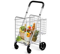 GYMAX Chariot de Courses Pliable, Capacité 58L avec 2 Panier, Caddie de Courses avec Poignée Réglable, Chariot à roulettes Pivotantes 360°, Pratique pour Provisions/Shopping/Supermarché(S)