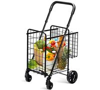 GYMAX Chariot de Courses Pliable, Capacité 58L avec 2 Panier, Caddie de Courses avec Poignée Réglable, Chariot à roulettes Pivotantes 360°, Pratique pour Provisions/Shopping/Supermarché(S)