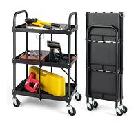 GYMAX Chariot Servante d’Atelier Pliable à roulettes 3 Niveaux, Rangement d'Outils, 2 Rouelettes avec Freins, Compartiments Trié, Cadre Métallique, pour Garage Cuisine Studio