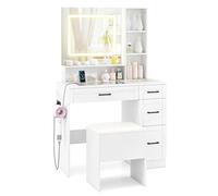 GYMAX Coiffeuse avec Miroir à Lumière LED Réglable, Tabouret avec Rangement, Station de Charge Intégrée, Table avec Plateau en Verre, Support Sèche-Cheveux, 90 x 40 x 140 cm, Blanc