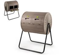 GYMAX Composteur 142L Rotatif à 360°, Bac à Compost Extérieur à Deux Compartiments, avec Portes Verrouillables et Socle Métallique, pour Déchets Alimentaires et Jardinage (Café)