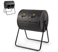 GYMAX Composteur 142L Rotatif à 360°, Bac à Compost Extérieur à Deux Compartiments, avec Portes Verrouillables et Socle Métallique, pour Déchets Alimentaires et Jardinage (Noir)