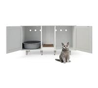 GYMAX Enceinte de Litière pour Chat à 2 Portes, Boîte à Litière pour Chats avec Cachette et Intimité, Entrée Sinueuse, Planche à Gratter pour Chats, Table Basse TV pour Maison de Chat Intérieure,Gris