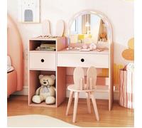 GYMAX Ensemble Coiffeuse et Chaise pour Enfant, Coiffeuse avec Miroir LED Éclatant & Design Adorable avec Oreilles,pour 3 Ans+,Rose