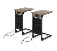 GYMAX Ensemble de 2 Tables d'Appoint en Forme de C, avec Station de Recharge (2 Prises & 2 Ports USB), Sac de Rangement Latéral, Bout de Canapé Compact Gain de Place, 40 x 30 x 60 cm