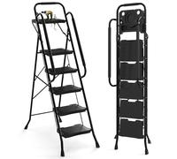 GYMAX Escabeau 5 Marches avec Plateau Porte-Outils, Poignées Supérieures et Latérales pour Sécurité, Échelle Pliable, Grandes Marches Antidérapantes, pour Peindre, Nettoyage et Atteindre des Objets