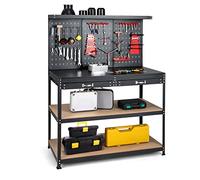 GYMAX Établi Atelier Garage 121x61x156cm, 25 Accessoires de Suspension Inclus, Panneau Perforé, 2 Tiroirs, Etagères de Rangement, Organisateur d'Outils, Table de Travail Bricoleur