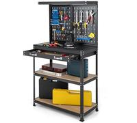 GYMAX Établi Atelier Garage avec 2 Étagères Ouvertes et 1 Tiroirs (Bleu) | Panneau Perforé avec 14 Accessoires pour Rangement de Outils, Table de Travail, Cadre Métallique, pour Entrepôts Bricolage