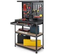 GYMAX Établi Atelier Garage, Panneau Perforé avec 14 Accessoires pour Rangement de Outils, Table de Travail, 2 Étagères Ouvertes, 2 Tiroirs, Cadre Métallique Robuste, pour Entrepôts Bricolage (Rouge)