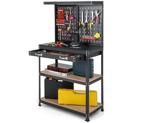 GYMAX Établi Atelier Garage, Panneau Perforé avec 14 Accessoires pour Rangement de Outils, Table de Travail, 2 Étagères Ouvertes, 2 Tiroirs, Cadre Métallique Robuste, pour Entrepôts Bricolage (Rouge)
