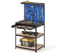 GYMAX Établi Garage Atelier avec Panneau Perforé, Table de Travail pour Rangement d'Outils, 20 Crochets, 2 Tiroirs, 3 Étagères Ouvertes, Organisateur en Métal Robuste, Capacité Max. 225KG (Bleu)