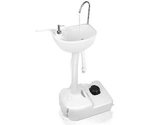GYMAX Évier de Camping Portable, avec Robinet Pivotant, Réservoir d'eau 17L, Pompe à Pied, Porte-Serviette, Station de Lavage des Mains Mobile avec roulettes, Léger pour Voyage