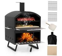 GYMAX Four à Pizza d'Extérieur à Bois avec 2 Grilles pour Barbecue, Sur Pied ou Sur Table, Pierre de Cuisson 40,5cm, Pelle, Housse de Protection, Température Max. 510°C, pour Fêtes, Camping, Réunion