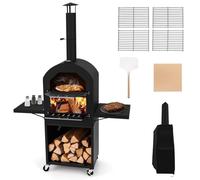 GYMAX Four à Pizza d'Extérieur à Bois ou à Pellet, Cuisson Facile avec Thermomètre, Pierre à Pizza 30 cm, Pelle à Pizza, 2 Grilles de Cuisson, Mobile avec Roulettes, pour Rôti, Barbecue