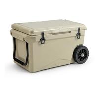 GYMAX Glacière Rigide Portable à roulettes 71 L, Glacière Isolée avec Patins Antidérapants, 2 Poignées, Porte-Gobelet, Règle à Poisson, Trou de Vidange, pour Randonné, Camping, Voyages, Pêche (Kaki)