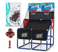 GYMAX Jeu d'Arcade de Basket-Ball pour Enfants, Arcade de Basket-Ball à Double Tir avec 2 Panneaux de Fond, 4 Ballons de Basket et 1 Pompe de Gonflage, Basket-Ball Intérieur pour Enfants
