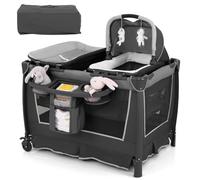 GYMAX Lit de Voyage pour bébé 4 en 1 Pliable avec Table à Langer, Panier de | Table à langer, panier de rangement, jouets et roues, lit bébé nouveau-né de la naissance à 15 kg